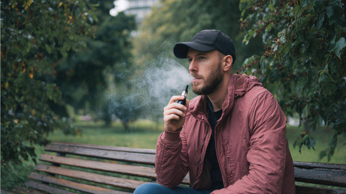 Mężczyzna siedzi na ławce w parku i pali e-papierosa