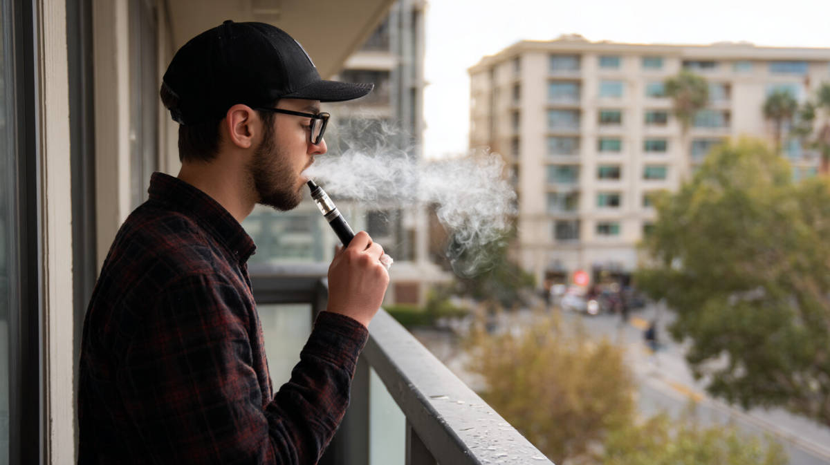 Mężczyzna w czarnej bejsbolówce stoi na balkonie i pali e-papierosa