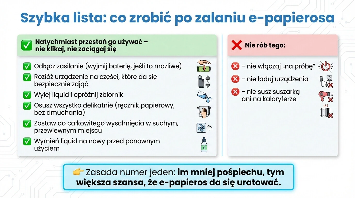 Szybka lista: co zrobić po zalaniu e-papierosa